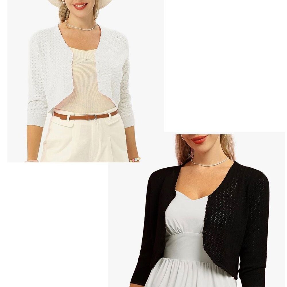 Set of 3/4 Sleeve Knit Bolero Shrug Cropped Cardigan Size Medium White & Black